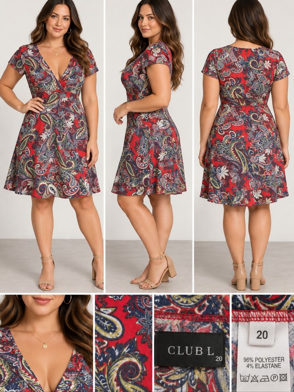 Club L Paisley Print Dress Size 20 | Red Blue V-Neck Fit & Flare Stretch